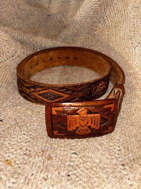 Vintage Brown Tooled Leather Thunderbird Belt Southwestern Western Wooden Buckle